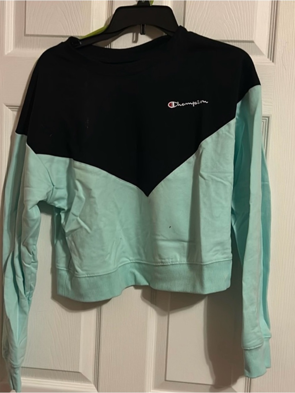 Champion Women's Black and Mint Colorblock Cropped Crewneck Sweatshirt